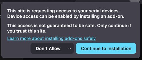 Firefox prompt to install serial device add-on for launcher.gblink.io