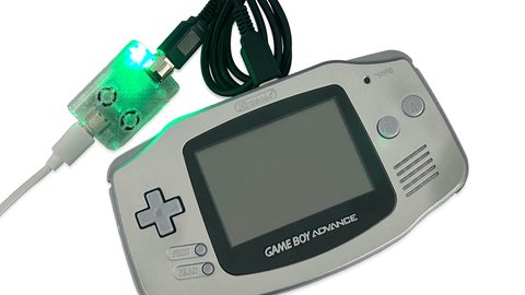 Game Boy Advance connected to a GB-Link adapter with a link cable and USB